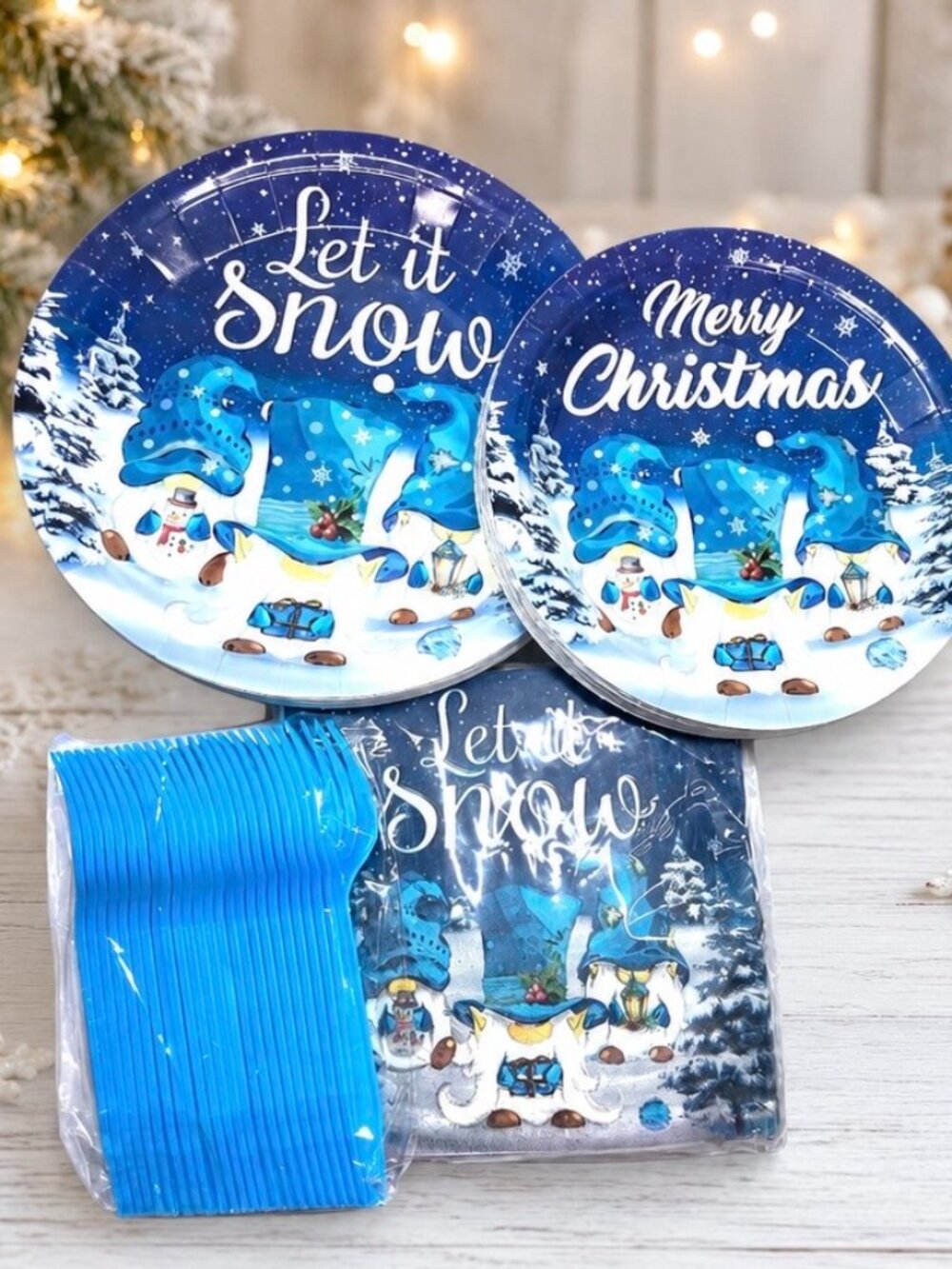 Merry Christmas 96pc Plates Napkins and Forks Set Gnomes Let is Snow!